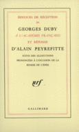 Couverture Discours de réception à l'Académie française et réponse d'Alain Peyrefitte (,Alain Peyrefitte)